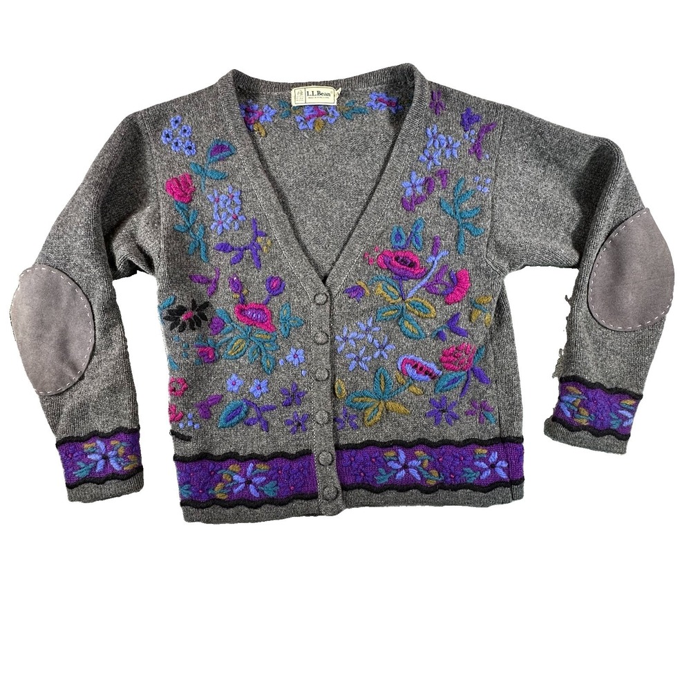 VTG L.L. Bean Womens M 100% Wool Cardigan Sweater Embroidered Elbow Patches 80's - Picture 2 of 12